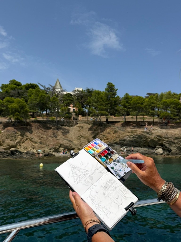 The boat at sea near Cap de Creus, sketchbooks on board